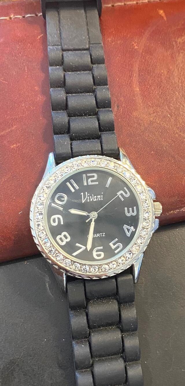 Women's Silver Tone Vivani Watch with Crystal Accented Bezel, Black Face